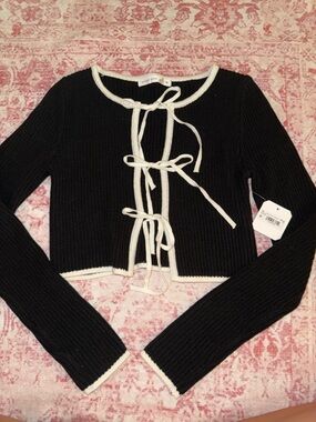 Altar'd State Black Knit Cardigan with Cream Accent
